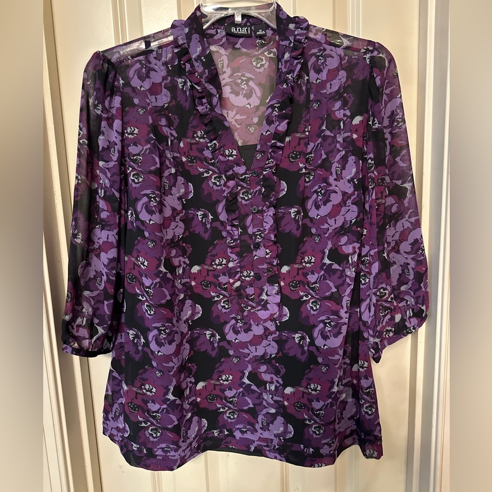Purple Floral Women's Top by A.N.A. Women sheer blouse with included black cami